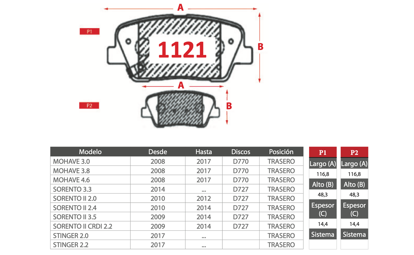 Pastilla de Freno GTX Kia (Mohave 3.0-4.6, Sorento II, Stinger) - Trasero
