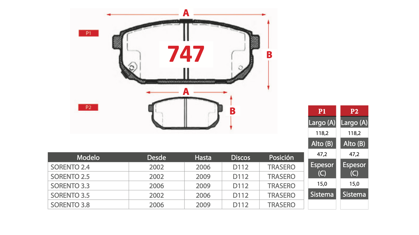 Pastilla de Freno PM Kia (Sorento I 2.4-3.8) - Trasero