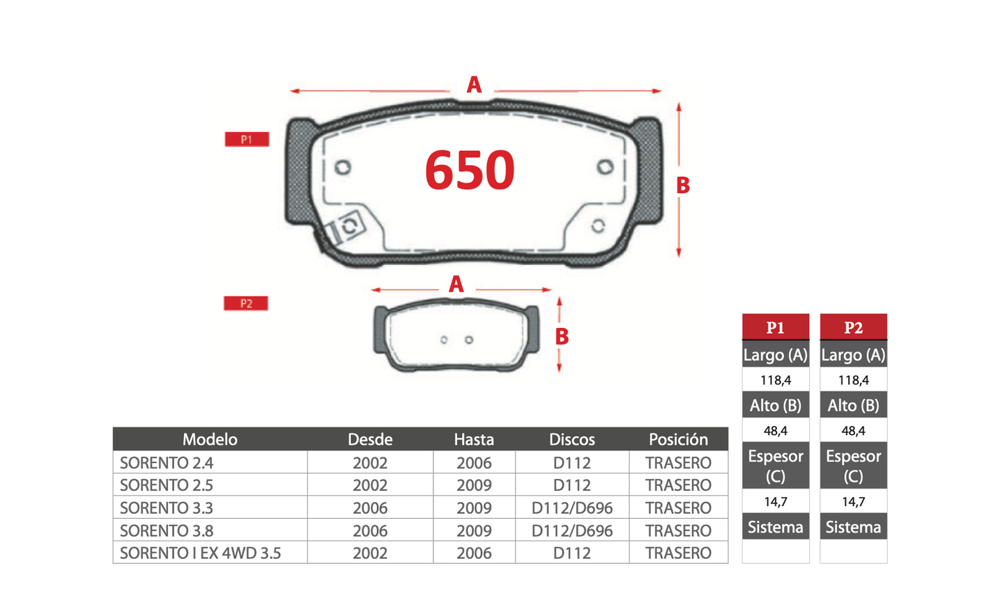 Pastilla de Freno PM Kia (Sorento I 2.4-3.8, Sorento I EX 4WD 3.5) - Trasero