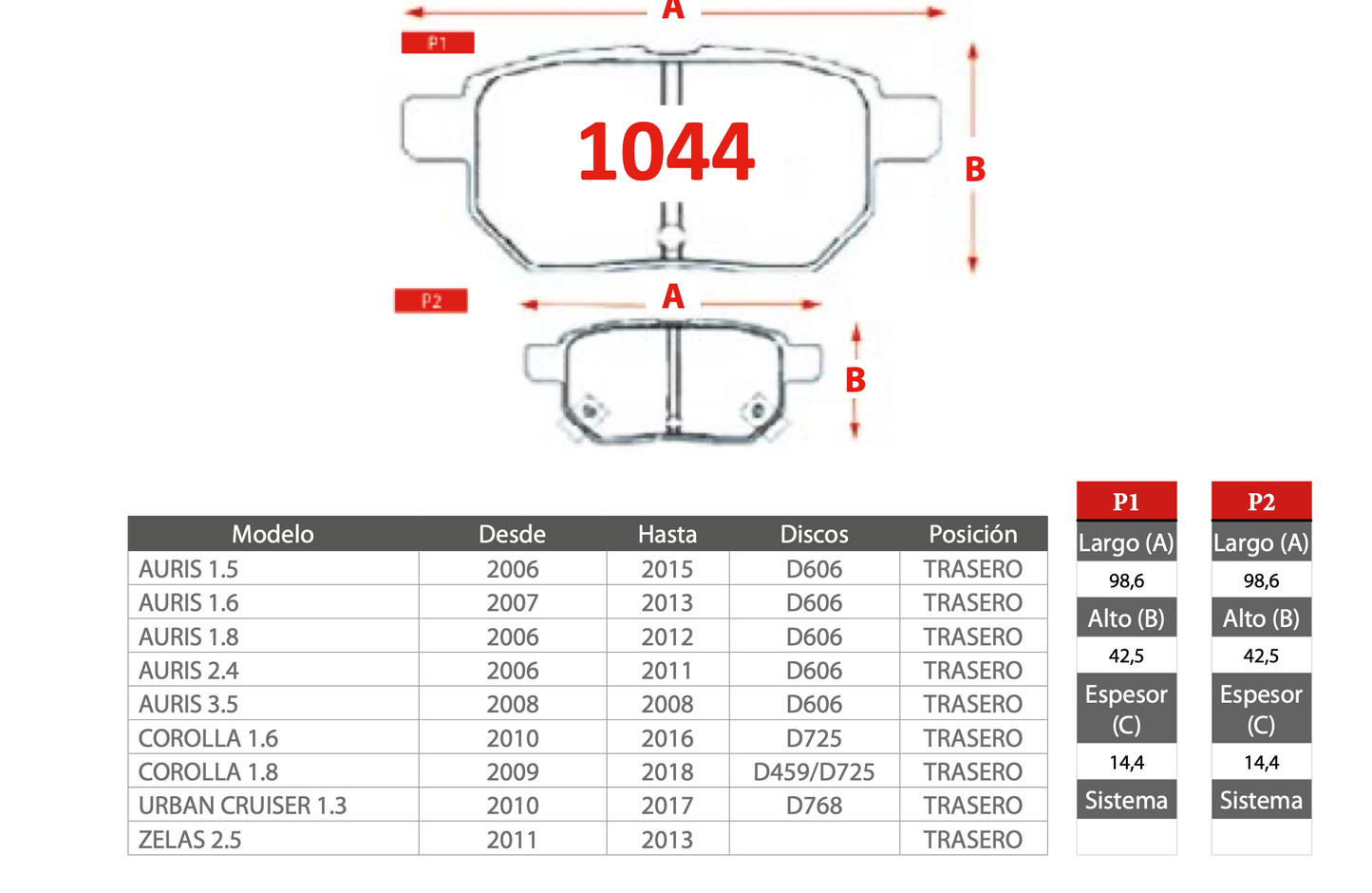 Pastilla de Freno PM Toyota (Auris, Corolla, Urban Cruiser, Zelas) - Trasero