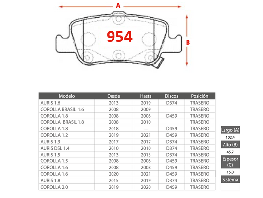 Pastilla de Freno PM Toyota (Auris, Corolla, Corolla Brasil) - Trasero