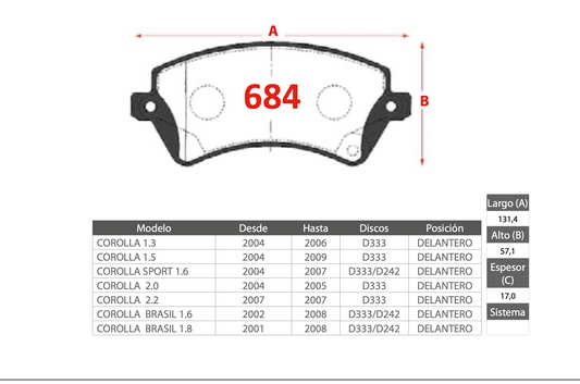 Pastilla de Freno PM Toyota (Corolla, Corolla Sport, Corolla Brasil)