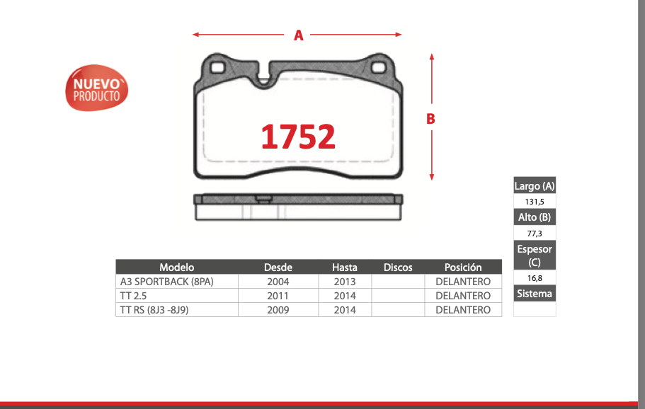Pastilla de Freno BREMBO Audi A3/TT