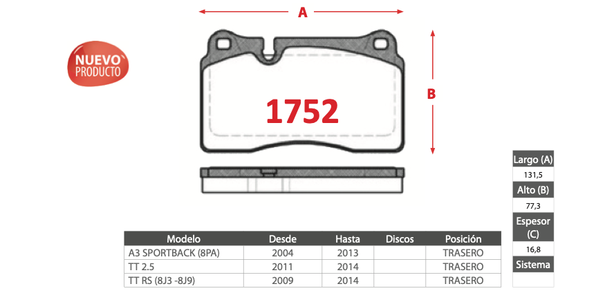 Pastilla de Freno BREMBO Audi (A3, TT, TT RS) - Trasero
