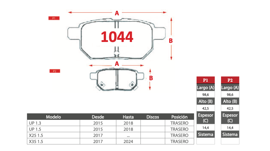 Pastilla de Freno GTX BAIC (UP, X25, X35) - Trasero