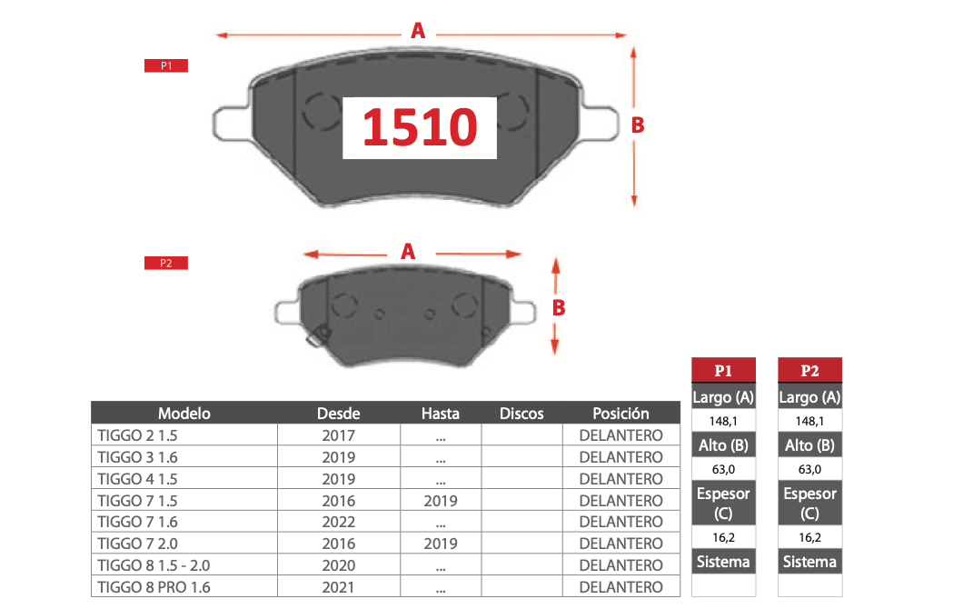 Pastilla de Freno PM Chery (TIGGO 2/3/4/7/8/8PRO)