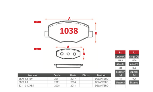 Pastilla de Freno PM Chery (BEAT 1.3 16V, FACE 1.3, S21 1.3 C/ABS)
