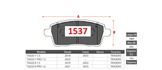 Pastilla de Freno PM Chery (TIGGO 7 1.5, TIGGO 7 PRO 1.5, TIGGO 8 1.5, TIGGO 8 PRO 1.6) - Trasero