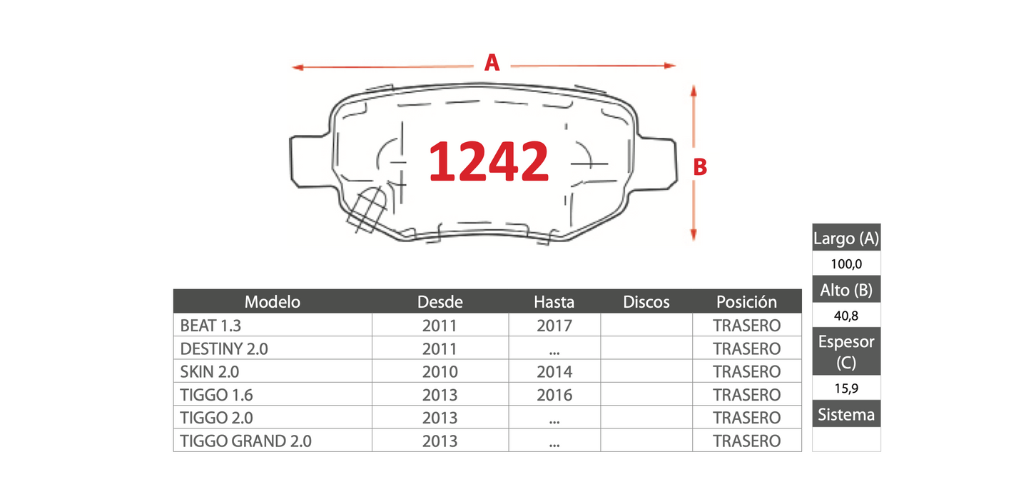 Pastilla de Freno GTX Chery (BEAT 1.3, DESTINY 2.0, SKIN 2.0, TIGGO 1.6/2.0, TIGGO GRAND 2.0) - Trasero