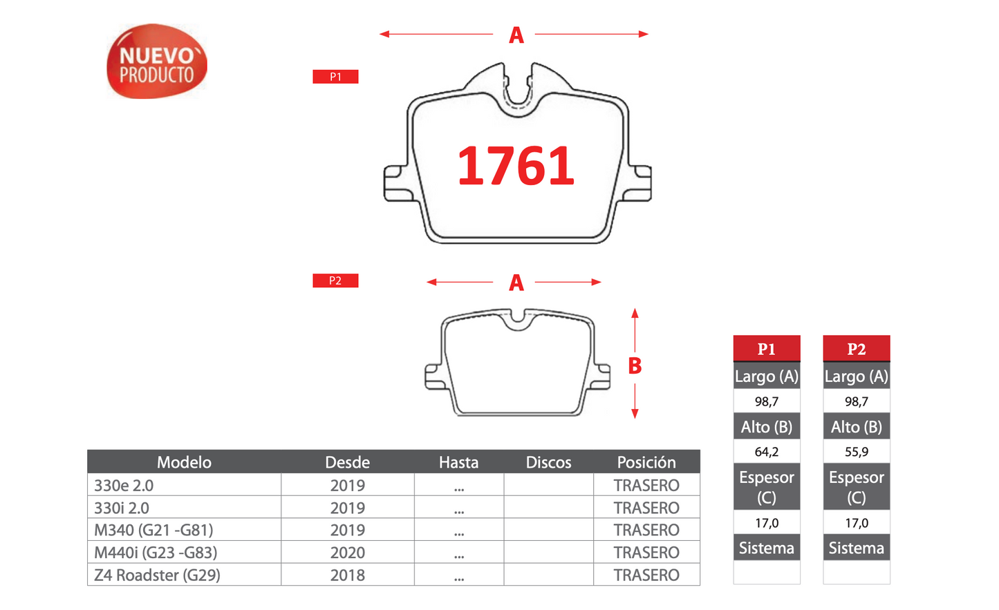 Pastilla de Freno BREMBO BMW (330e/330i/M340/M440/Z4 Roadster) Trasero