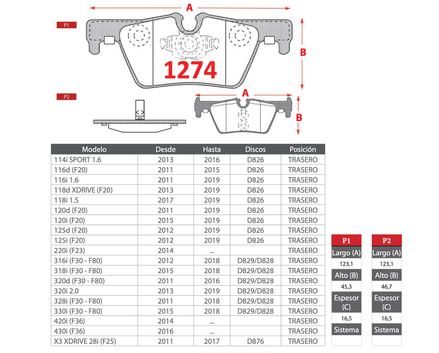 Pastilla de Freno BREMBO BMW (114i/116d/116i/118d/118i/120d/120i/125d/125i/220i/316i/318i/320d/320i/328i/330i/420i/430i/X3) Trasero