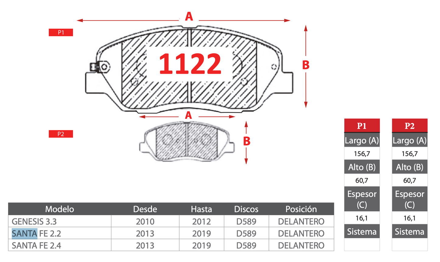 Pastilla de Freno Hyundai (Genesis 3.3, Santa Fe 2.2, Santa Fe 2.4) - GTX