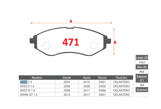 Pastilla de Freno Chevrolet AVEO, SPARK GT - PM - Delantera