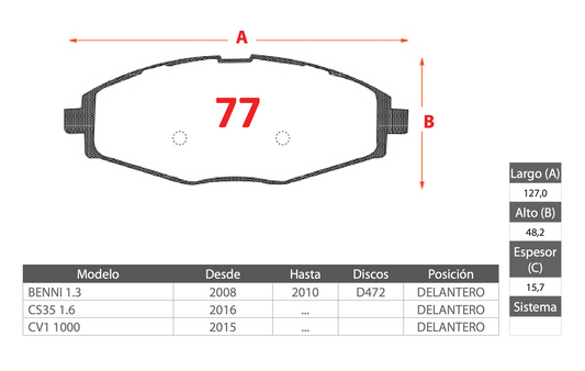 Pastilla de Freno Changan BENNI 1.3, CS35 1.6, CV1 1000 - GTX - Delantera