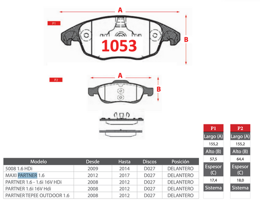 Pastilla de Freno Peugeot (5008, Partner, Partner Tepee, Maxi Partner) - PM