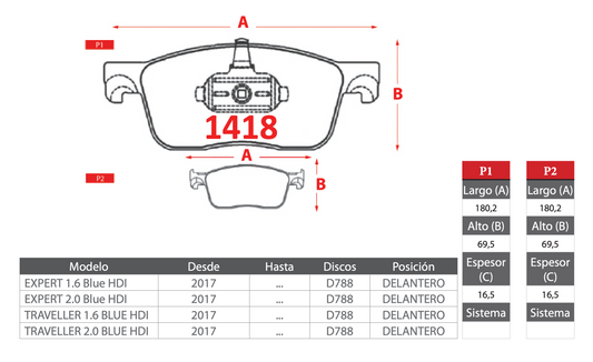 Pastilla de Freno Peugeot (Expert, Traveller) Delantero - BREMBO