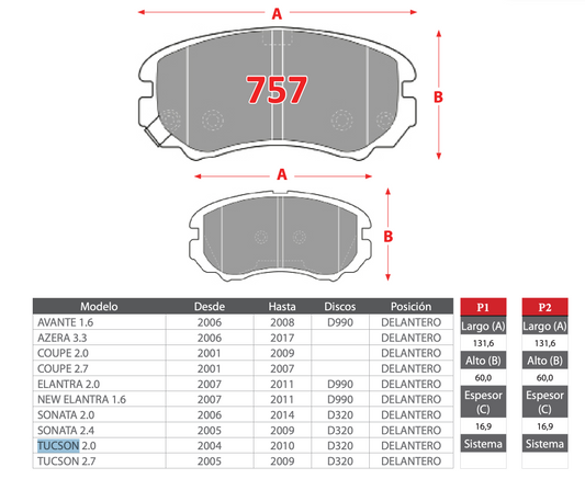Pastilla de Freno Hyundai (Avante, Azera, Coupe, Elantra, New Elantra, Sonata, Tucson) - BREMBO