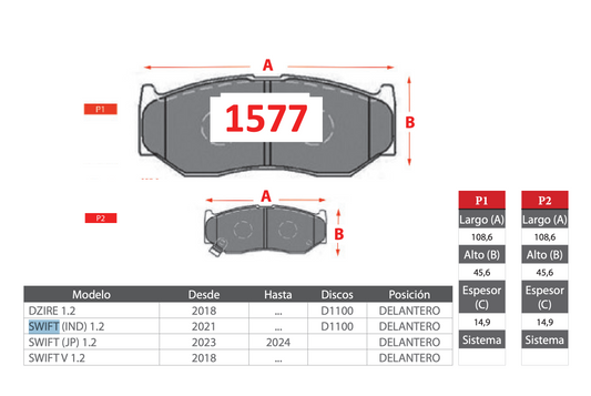 Pastilla de Freno Suzuki Dzire, Swift - PM - Delantera