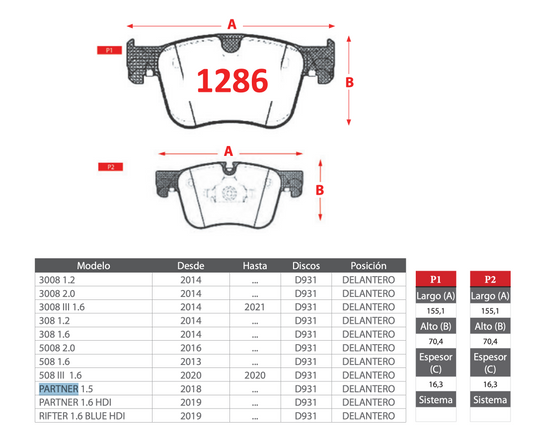 Pastilla de Freno Peugeot (3008, 308, 5008, 508, Partner, Rifter) - BREMBO
