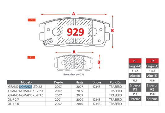 Pastilla de Freno Suzuki Grand Nomade LTD, Grand Nomade XL-7, XL-7 - PM - Trasera