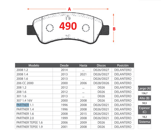 Pastilla de Freno Peugeot (2008, 206 CC, 208, 301, 307, Partner, Partner Tepee) - BREMBO