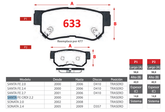 Pastilla de Freno Hyundai (Santa Fe 2.0, Santa Fe 2.4, Santa Fe 2.7, Santa Fe CRDI 2.2, Sonata 2.0, Sonata 2.4) Trasero - GTX GOLD CERAMIC