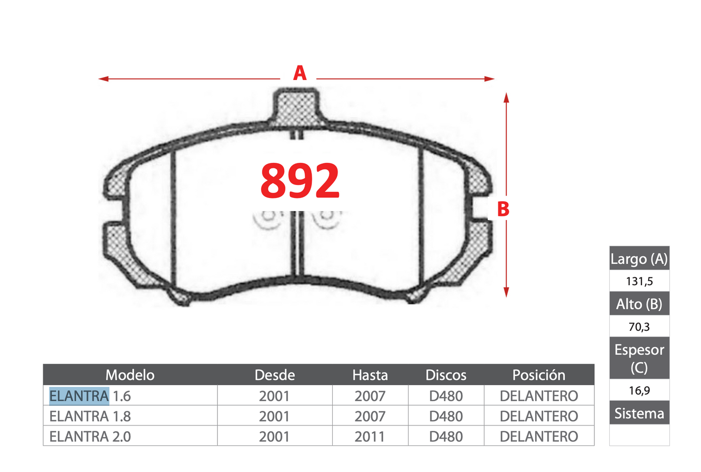Pastilla de Freno Hyundai (Elantra 1.6, Elantra 1.8, Elantra 2.0) - PM
