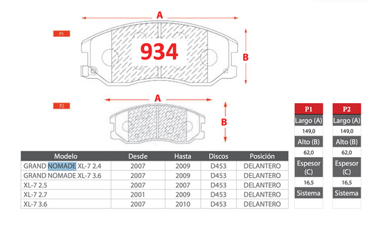 Pastilla de Freno Suzuki Grand Nomade XL-7 2.4, XL-7 2.5, XL-7 2.7, XL-7 3.6 - PM - Delantera