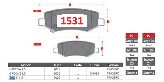 Pastilla de Freno Chevrolet Captiva, Groove, Sail III - GTX GOLD CERAMIC - Trasera