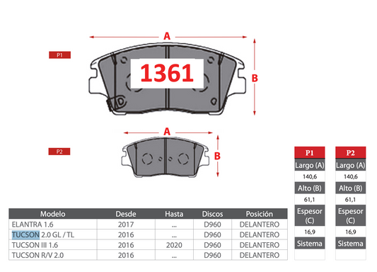 Pastilla de Freno Hyundai (Elantra 1.6, Tucson 2.0 GL/TL, Tucson III 1.6, Tucson R/V 2.0) - BREMBO