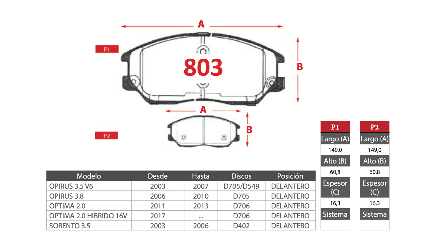 Pastilla de Freno PM Kia (Opirus, Optima, Sorento)