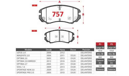 Pastilla de Freno GTX GOLD CERAMIC Kia (Lotze, Magentis, Optima, Soul, Sportage)