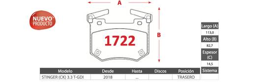 Pastilla de Freno GTX Kia (Stinger) - Trasero