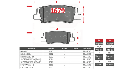 Pastilla de Freno GTX Kia (Niro, Sportage IV, Sportage V) - Trasero