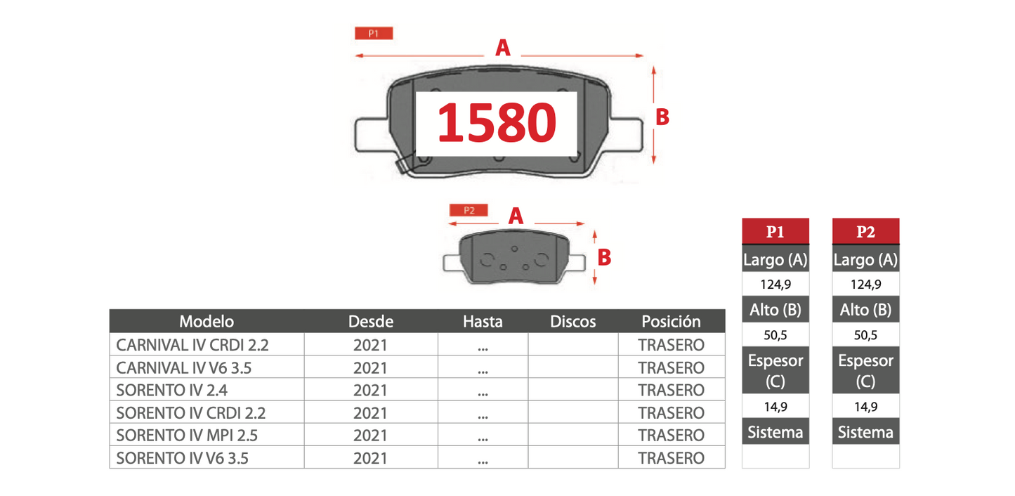 Pastilla de Freno PM Kia (Carnival IV, Sorento IV) - Trasero