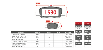 Pastilla de Freno PM Kia (Carnival IV, Sorento IV) - Trasero