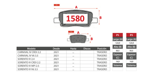 Pastilla de Freno PM Kia (Carnival IV, Sorento IV) - Trasero