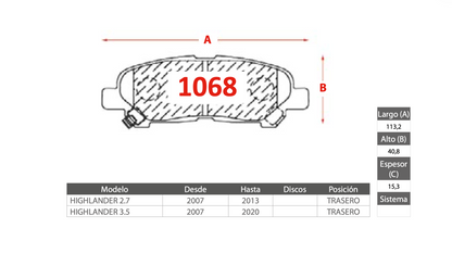 Pastilla de Freno GTX Toyota (Highlander) - Trasero