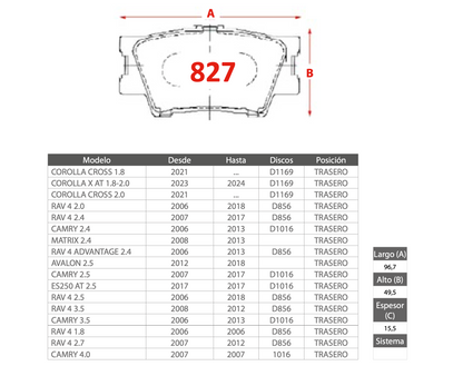 Pastilla de Freno PM Toyota (Corolla Cross, RAV4, Camry, Matrix, Avalon, ES250) - Trasero