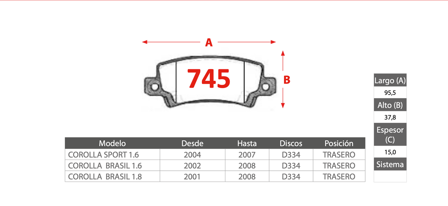 Pastilla de Freno PM Toyota (Corolla Sport, Corolla Brasil) - Trasero