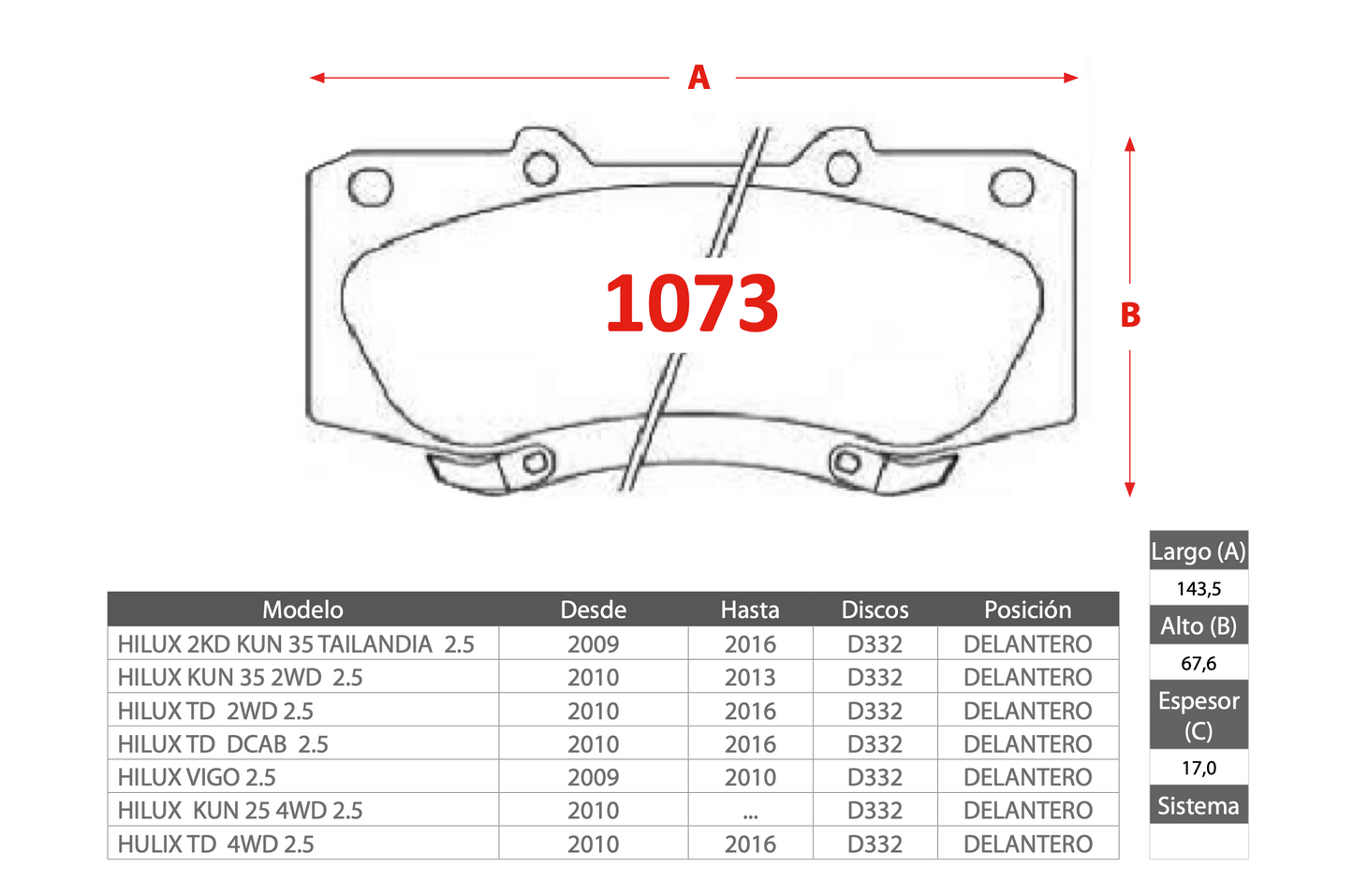 Pastilla de Freno GTX Toyota (Hilux 2KD, Hilux KUN, Hilux TD, Hilux Vigo)