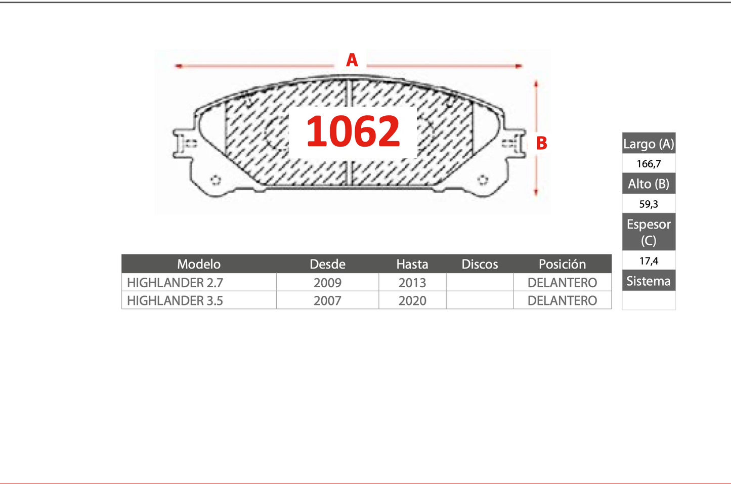 Pastilla de Freno GTX Toyota (Highlander)