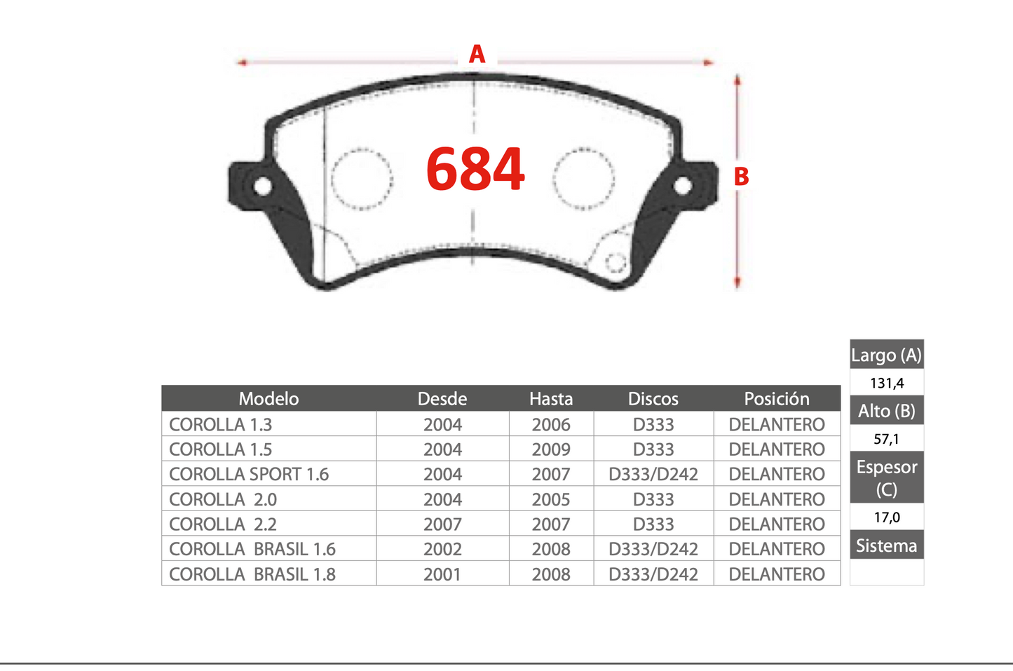 Pastilla de Freno PM Toyota (Corolla, Corolla Sport, Corolla Brasil)