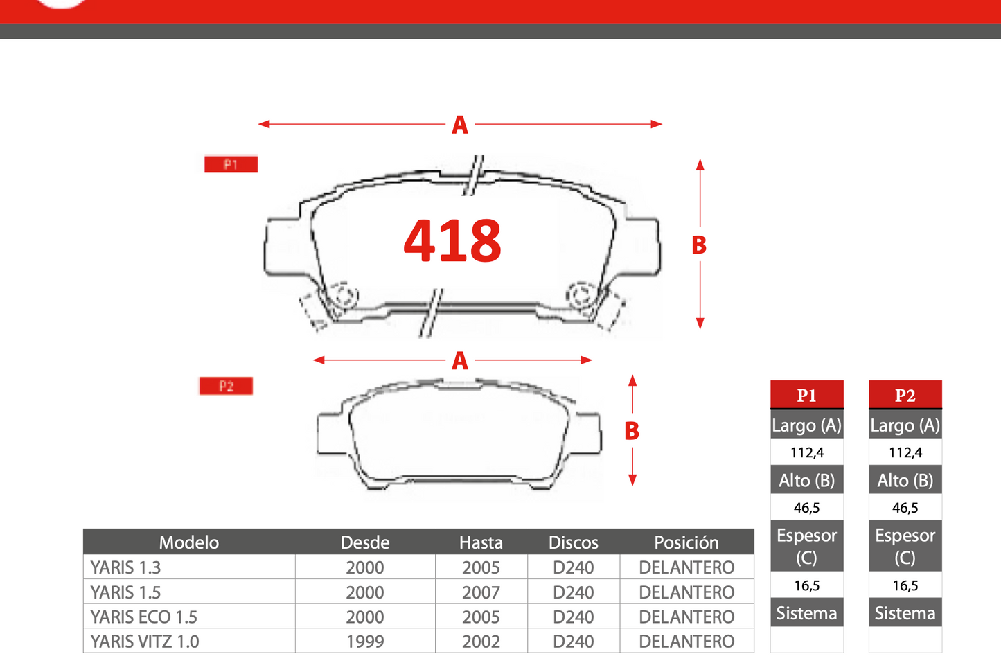 Pastilla de Freno PM Toyota (Yaris, Yaris Eco, Yaris Vitz)