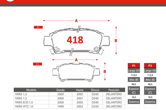 Pastilla de Freno PM Toyota (Yaris, Yaris Eco, Yaris Vitz)