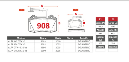 Pastilla de Freno GTX Alfa Romeo 147/156/GTV/Spider