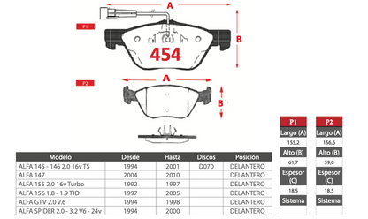 Pastilla de Freno PM Alfa Romeo 145/146/147/155/156/GTV/Spider