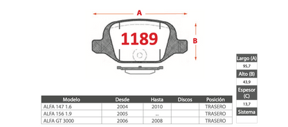 Pastilla de Freno GTX Alfa Romeo 147/156/GT