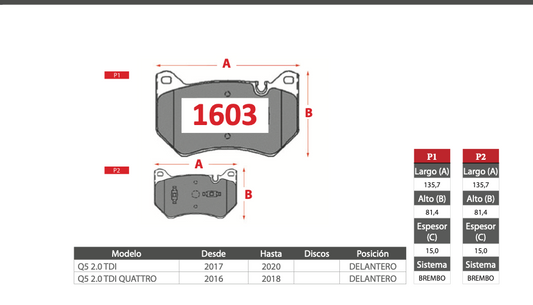 Pastilla de Freno BREMBO Audi (Q5 2.0 TDI)