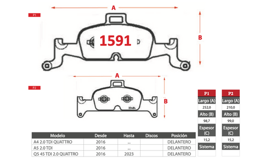 Pastilla de Freno BREMBO Audi (A4, A5, Q5 45 TDI 2.0 QUATTRO)